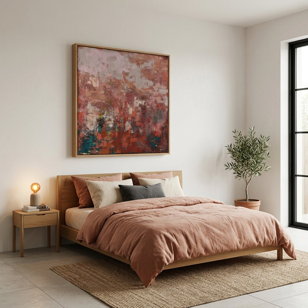Modern bedroom with a bed, a Red Abstract Acrylic Painting, and plant.