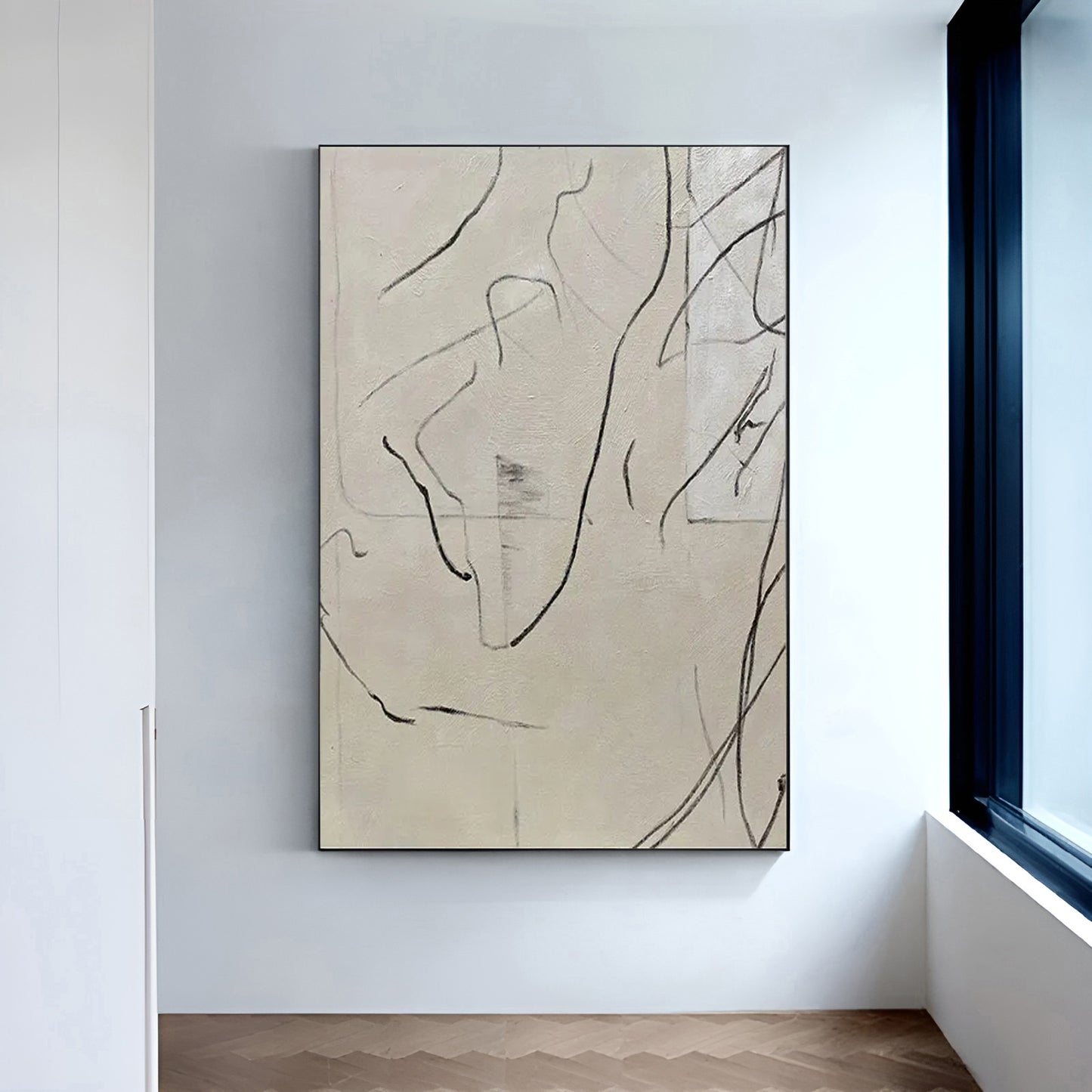 beige abstract canvas art painting, abstract lines painting, Noho Art Gallery