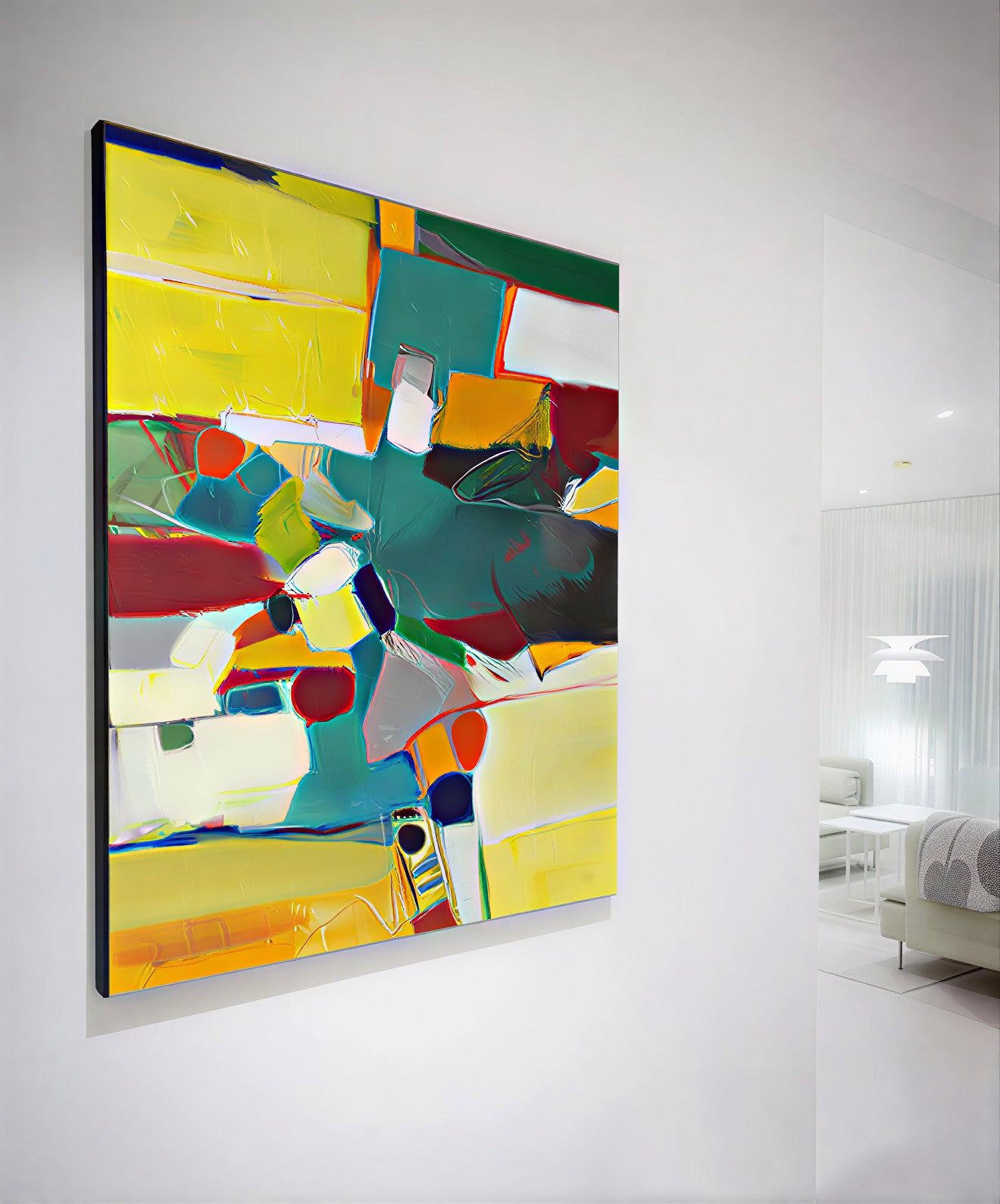 Abstract colorful painting on a white wall in a modern living room.