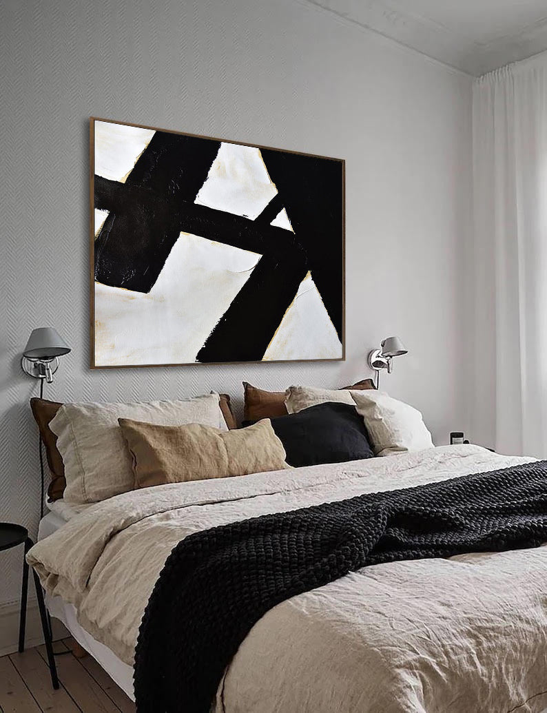 Abstract Black and White Painting,black and white acrylic wall art above bed decor, Noho Art Gallery