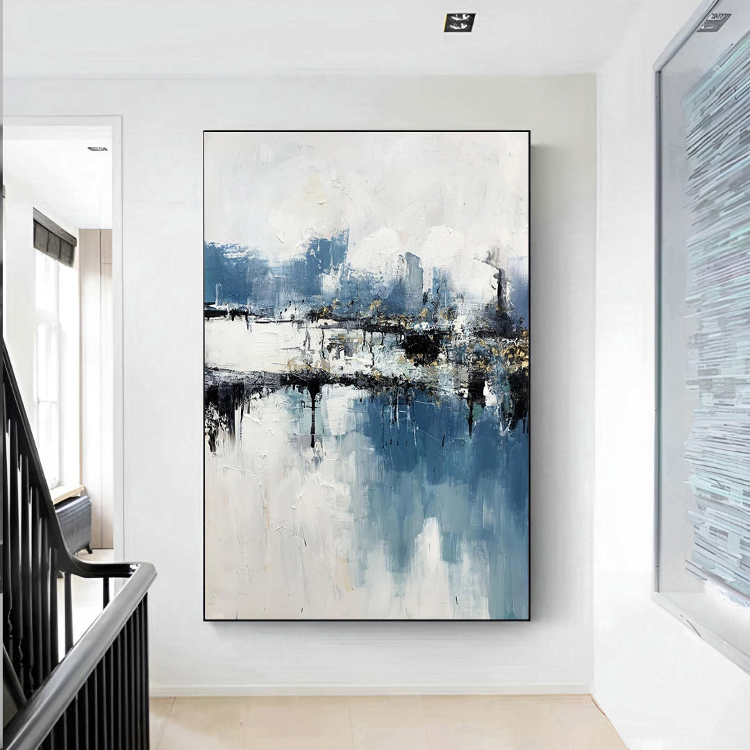 white and blue abstract painting, black and white blue canvas painting for sale, Noho Art Gallery