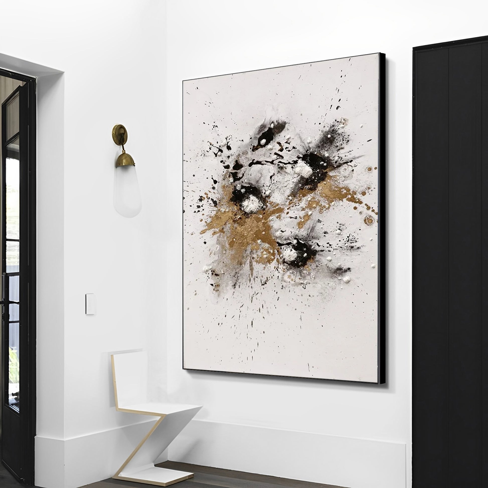 black white gold painting, abstract wall art for sale, Noho Art Gallery