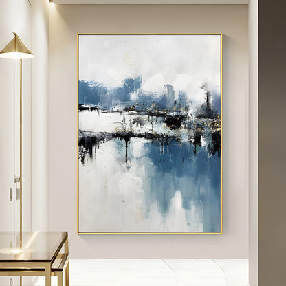 White and blue abstract painting, blue black and white abstract art painting for sale, Noho Art Gallery