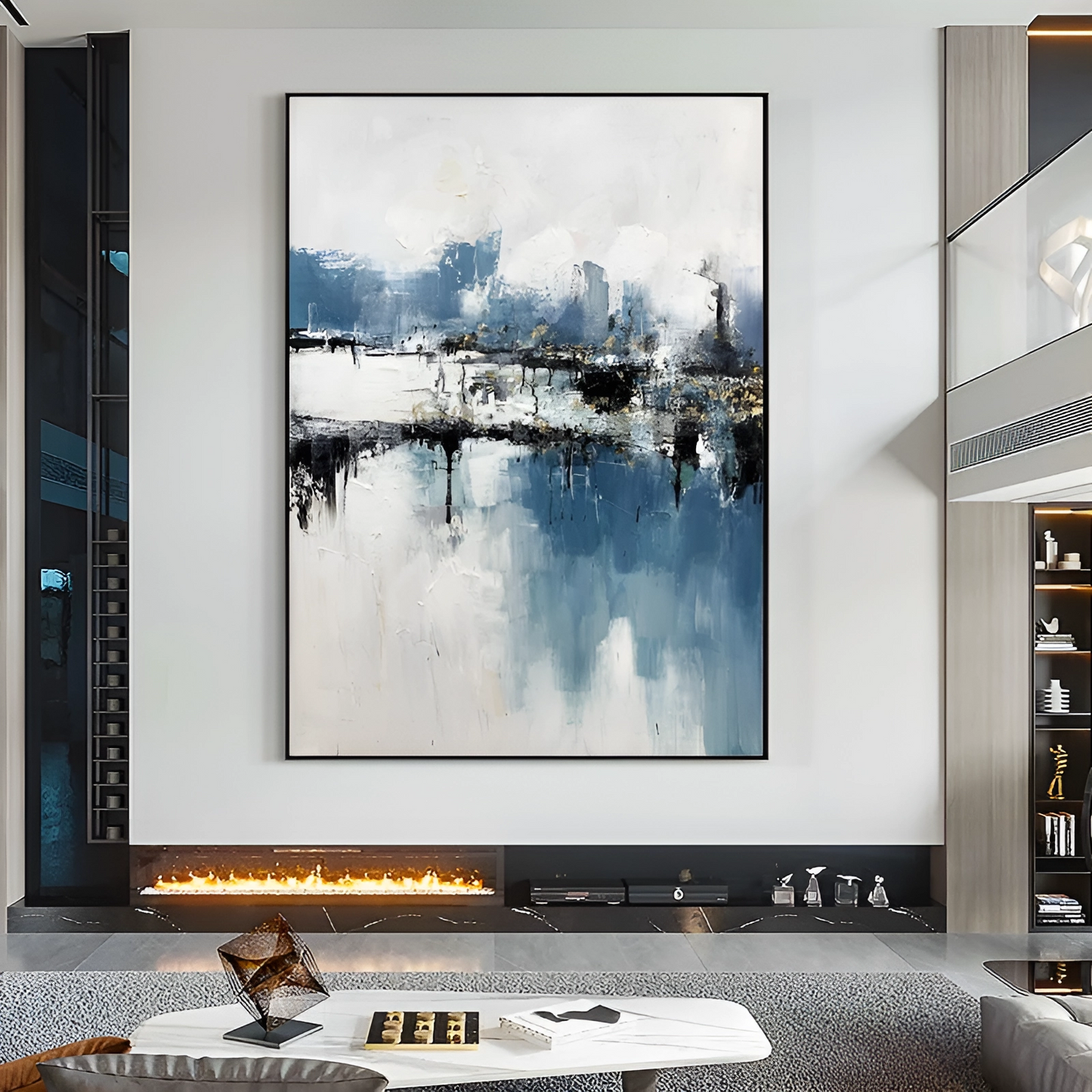 White and blue abstract painting, large blue black and white wall art, Noho Art Gallery