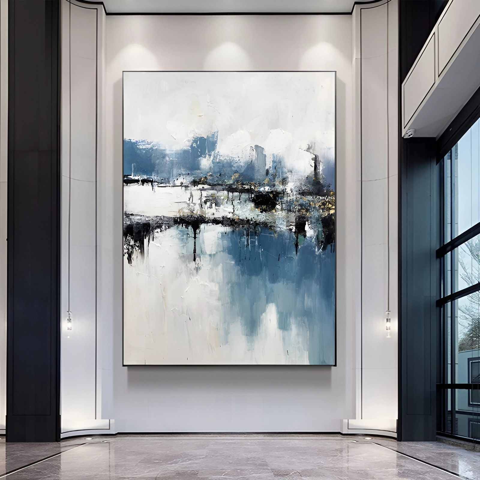 white and blue abstract painting, blue black and white wall art, Noho Art Gallery