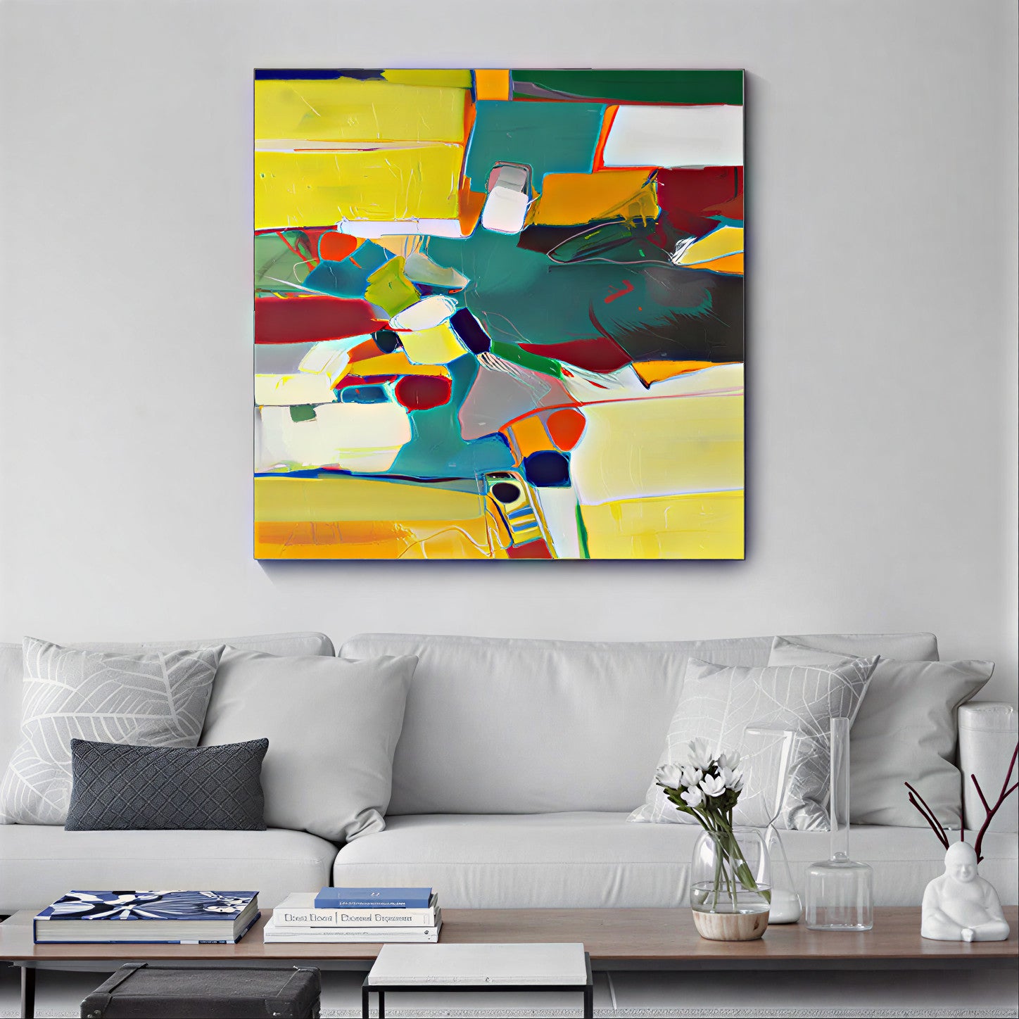 Abstract painting with colorful geometric shapes on a gray wall above a white sofa.