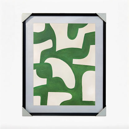 Framed abstract art with green and white shapes on a white background