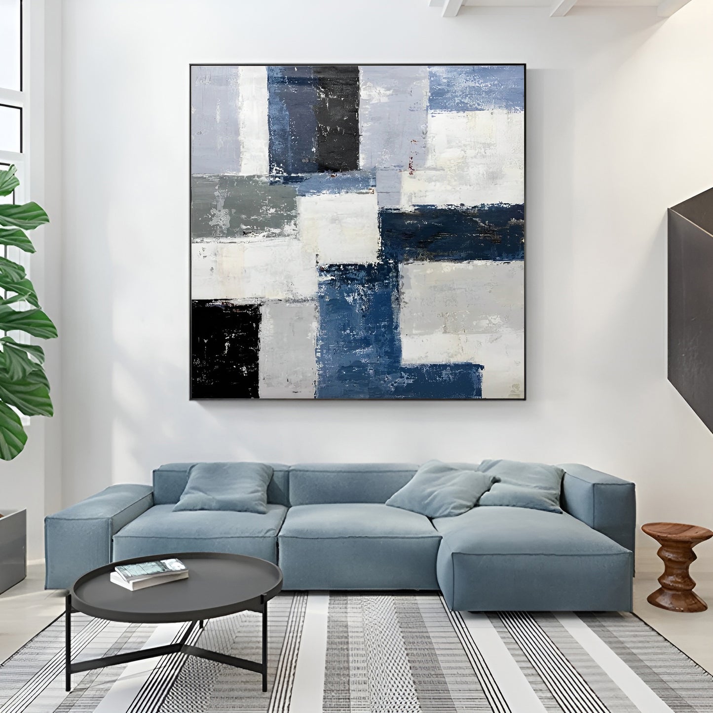 Chemain - Large Grey and Blue Abstract Painting on Canvas
