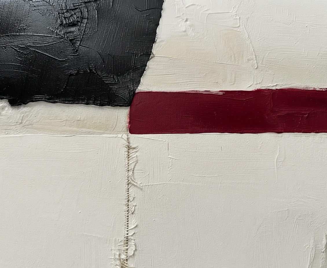 Minimalist black and white abstract canvas with red accent, unique minimalist black white red art by Noho Art Gallery with thick impasto brushstrokes, featuring a large black block in the upper left, a horizontal deep red stripe across the middle-right, and a warm off-white background.
