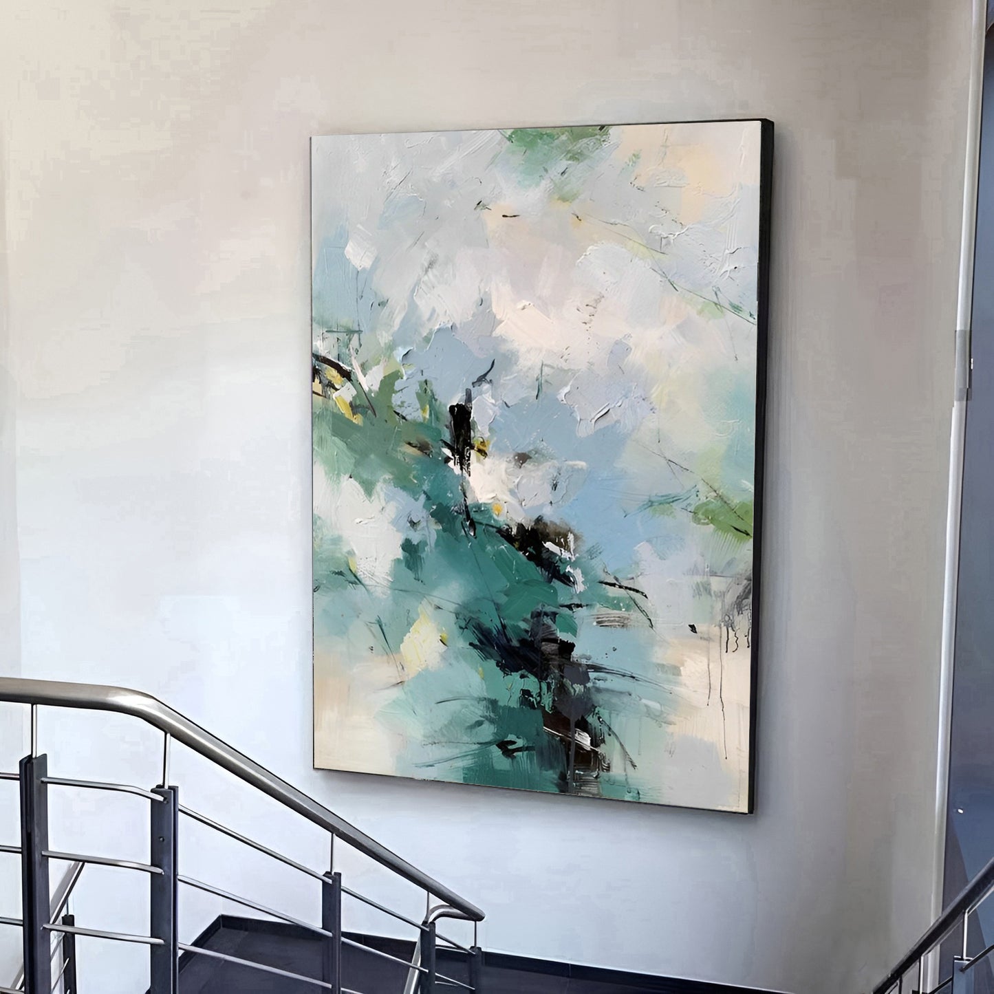 Inspire - Large White, Blue and Green Abstract Painting on Canvas