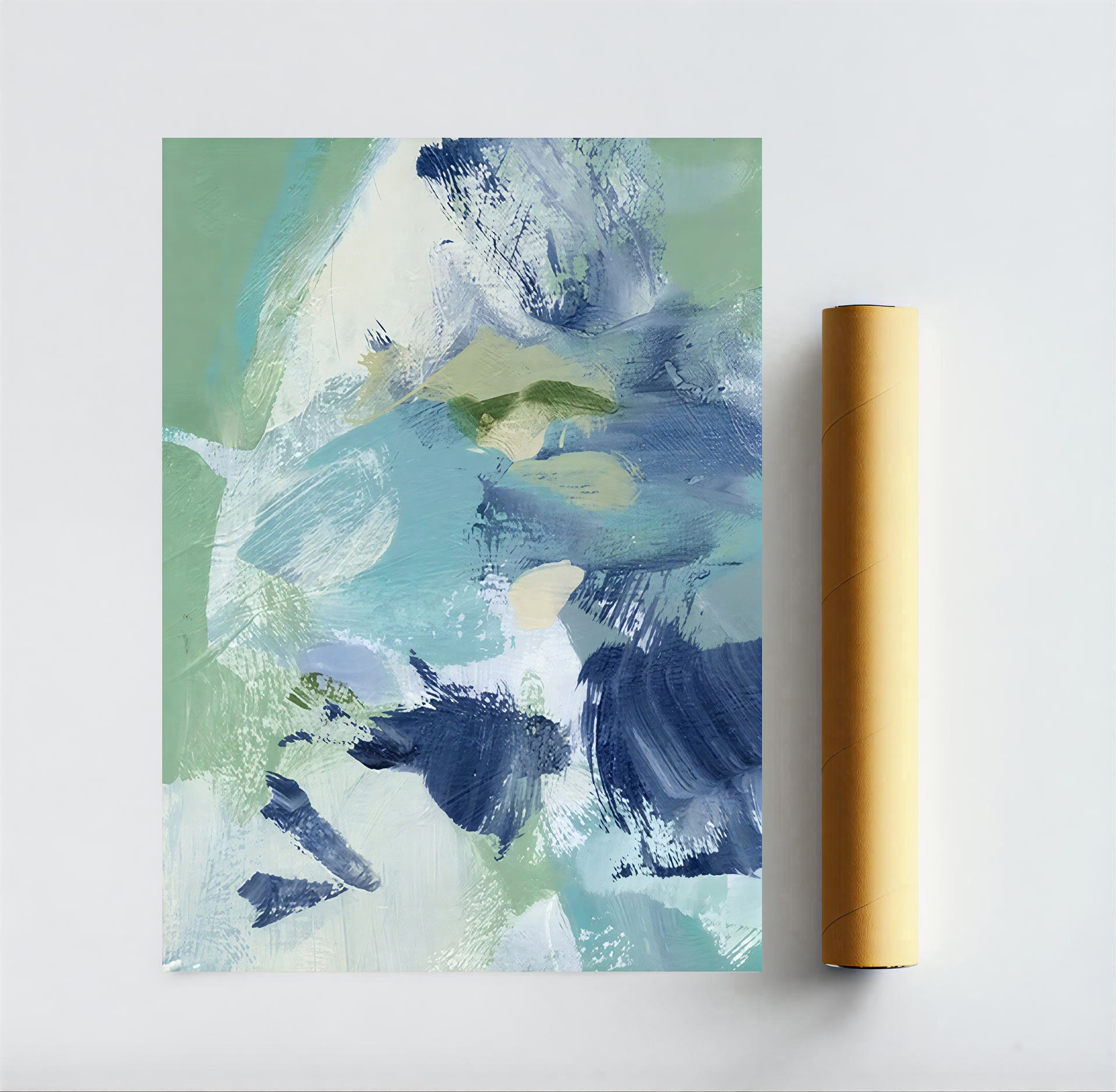 Abstract painting with blue, green, and white on a light gray background