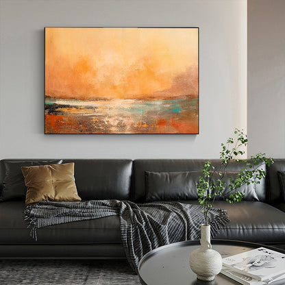 Sunny - Grand tableau sur toile représentant un coucher de soleil vert et orange