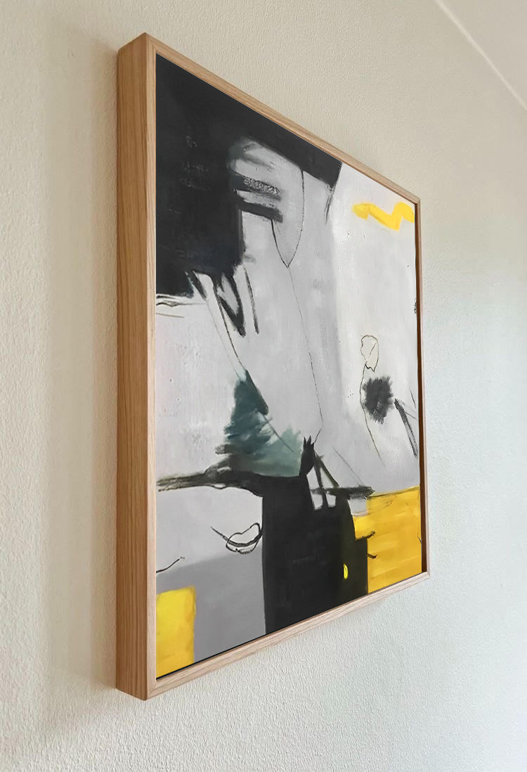 Hodiena - Yellow, Grey and Black Abstract Painting on Canvas