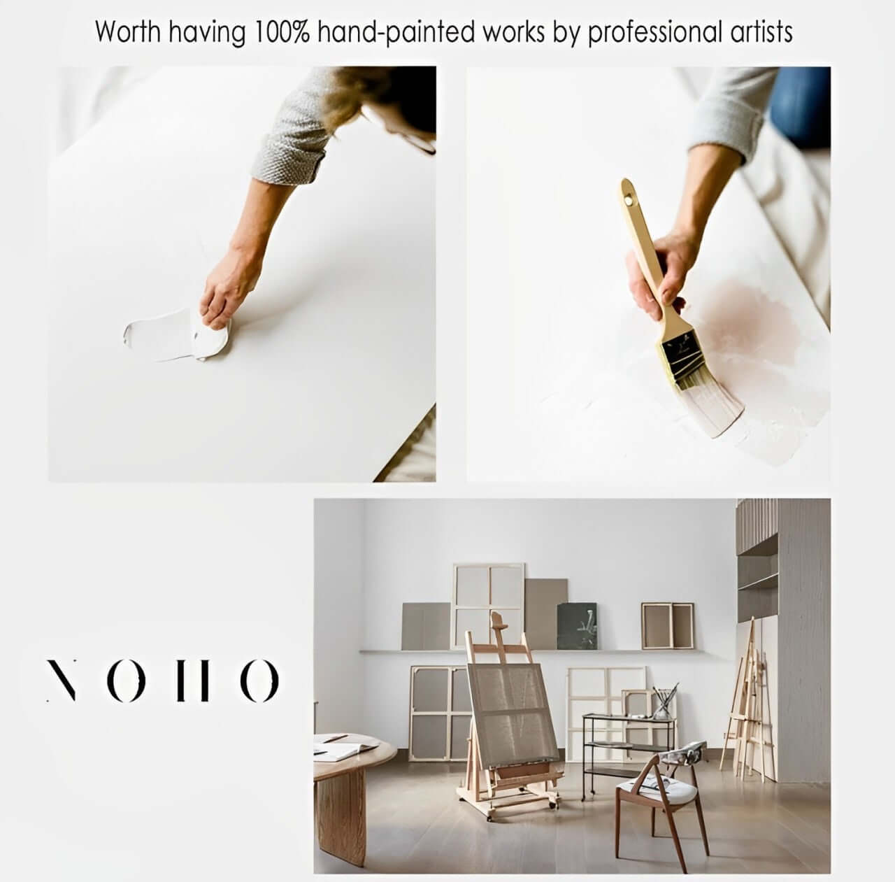 Collage of a person painting, holding a brush, and an artist's studio with 'NOHO' branding.