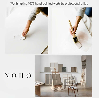 Collage of a person painting, holding a brush, and an artist's studio with 'NOHO' branding.