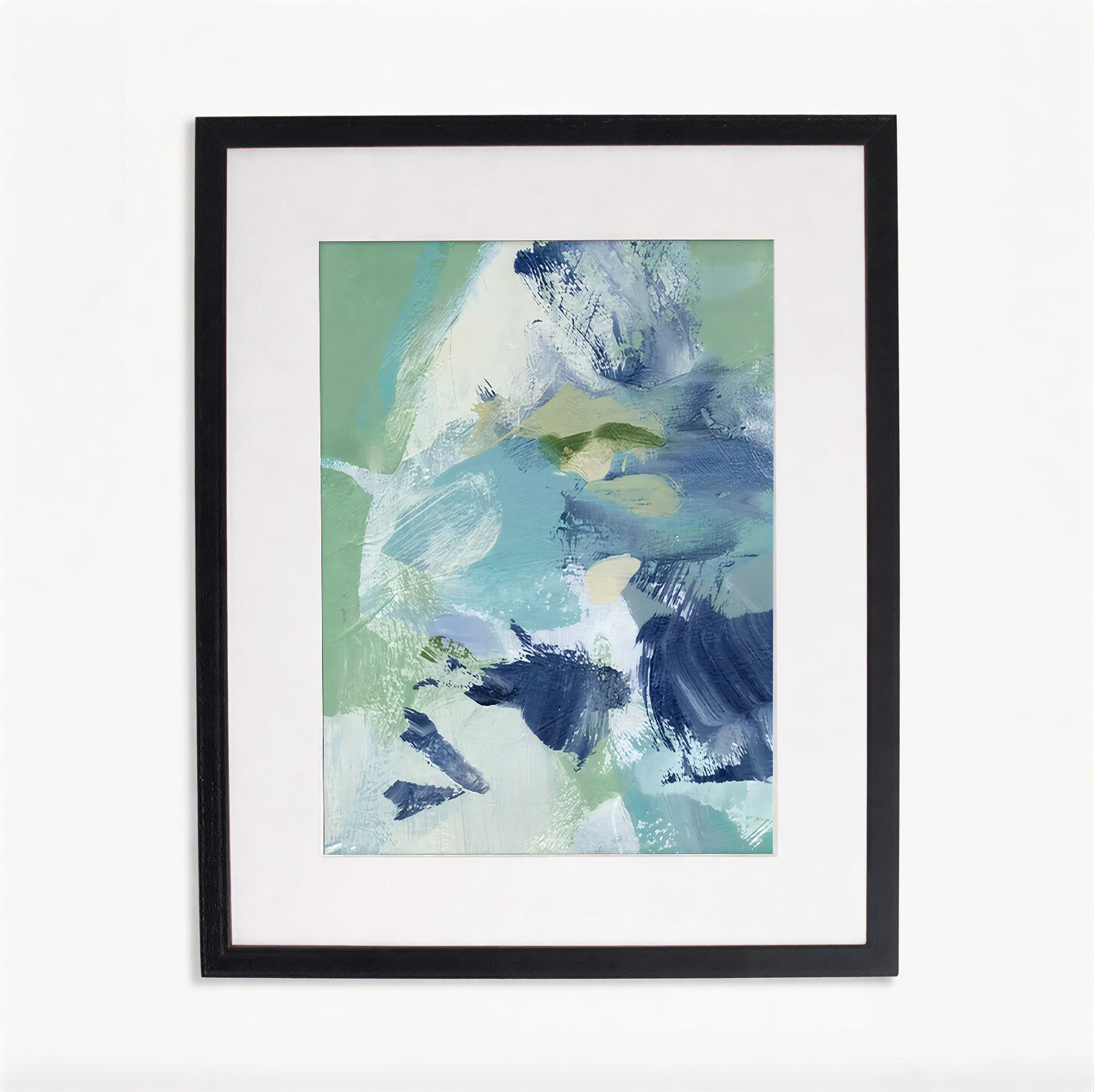 Framed abstract art print with blue and green brush strokes on a white background