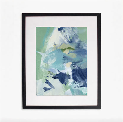 Framed abstract art print with blue and green brush strokes on a white background