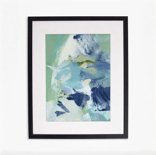 Framed abstract art print with blue and green brush strokes on a white background