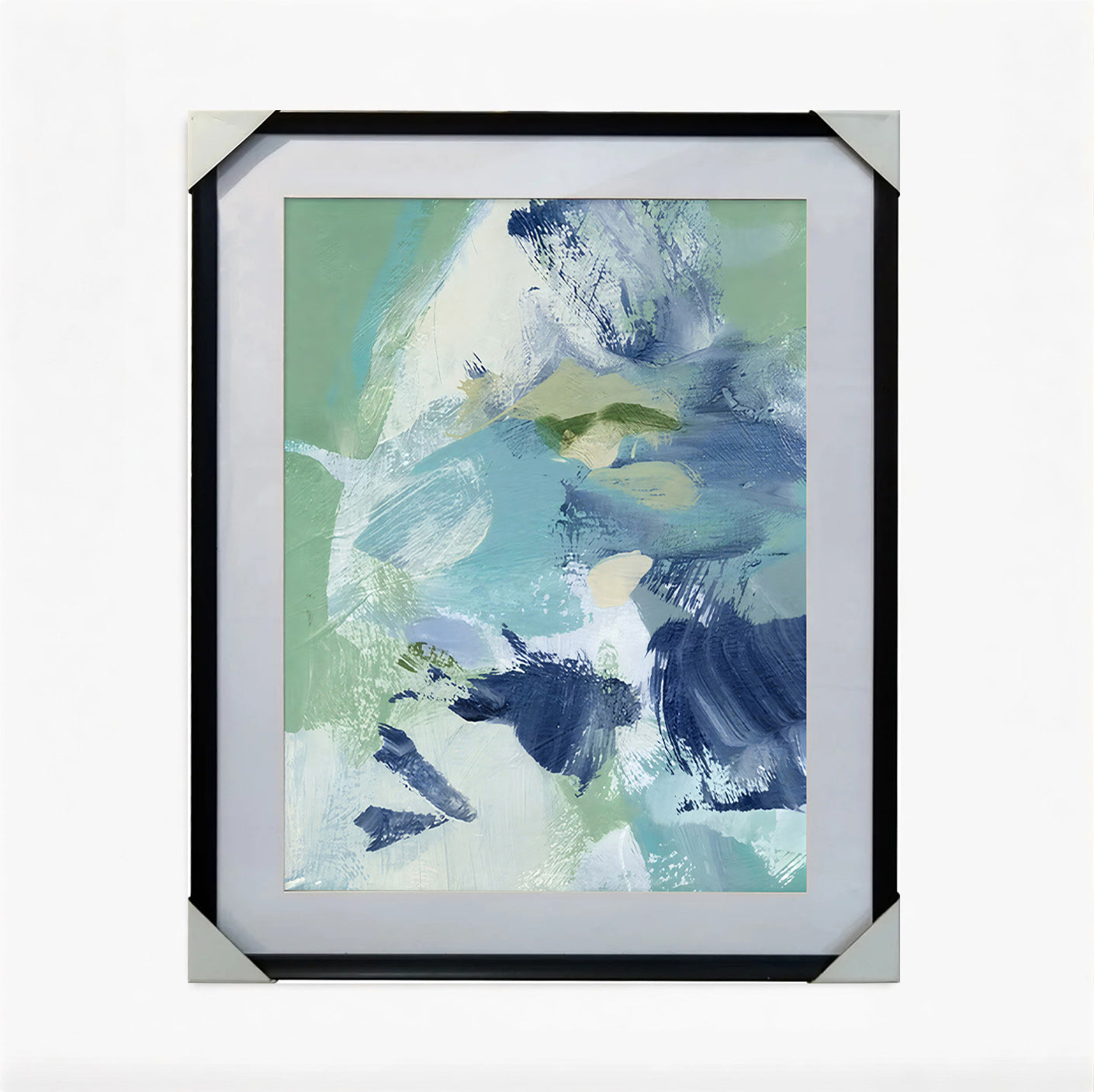 Framed abstract art print with blue and green colors on a white background