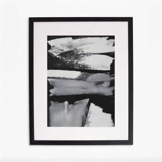 Framed black and white abstract art print on a white background