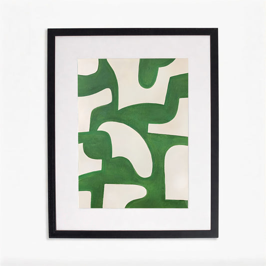 Framed abstract art print with green and white shapes on a white background