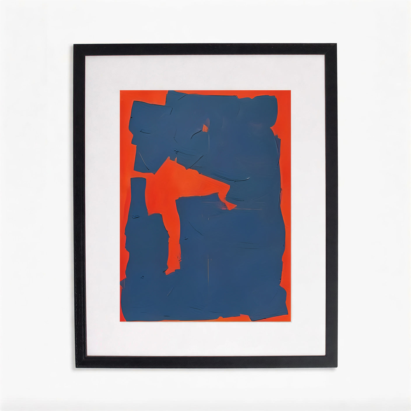 Framed abstract art print with blue and red shapes on a white background