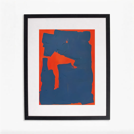Framed abstract art print with blue and red shapes on a white background