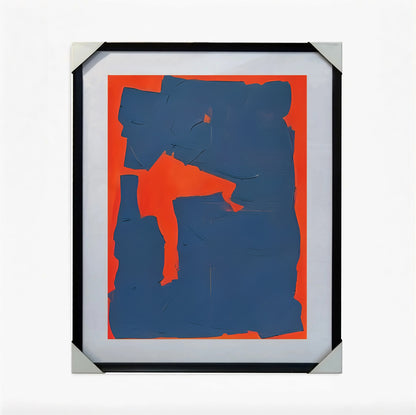 Framed abstract art with blue and orange shapes on a white background