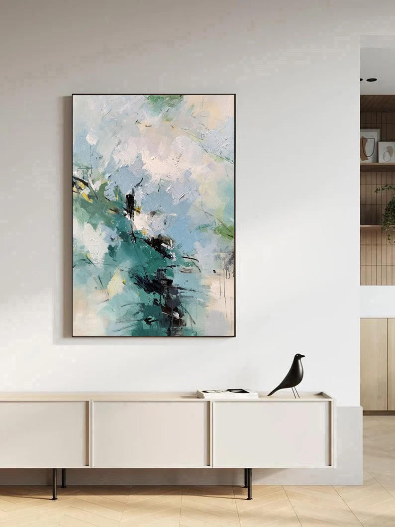 Inspire - Large White, Blue and Green Abstract Painting on Canvas