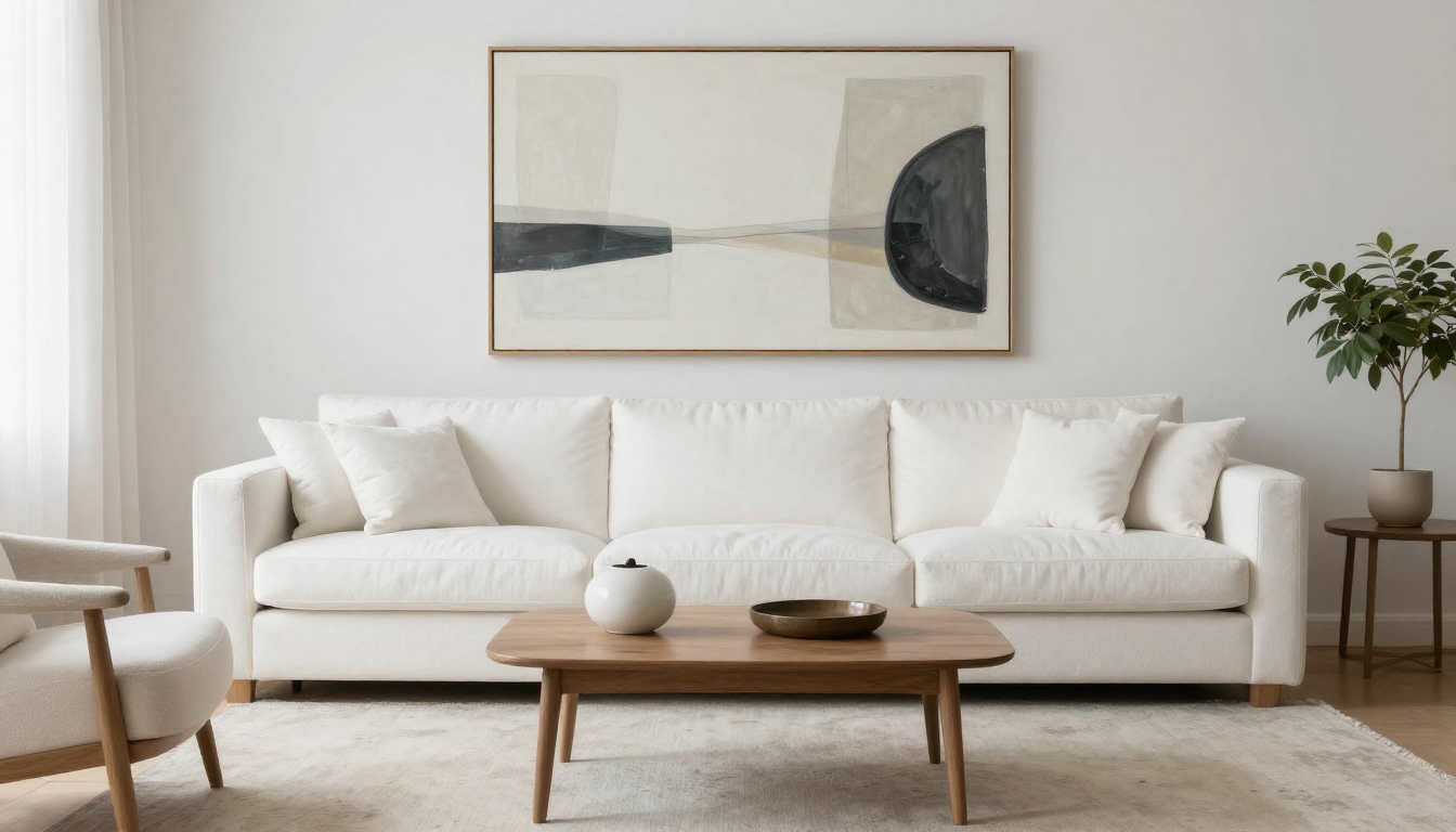 Modern minimalist living room featuring a large original art painting in black and neutral tones above a sleek wood media console, paired with contemporary linen sofas, a natural wood coffee table, and textured decor. Elegant unique wall art creates a sophisticated focal point in this luxury interior design space. Original art paintings and exclusive contemporary artwork by Noho Art Gallery enhance the serene, modern aesthetic.