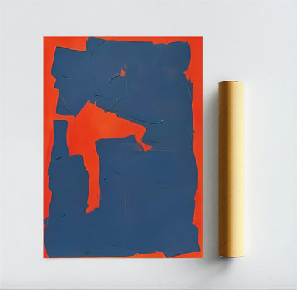 Abstract art piece with blue and orange shapes on a white background, next to a roll of gold paper.