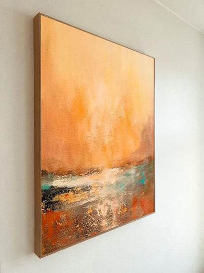 Sunny - Grand tableau sur toile représentant un coucher de soleil vert et orange