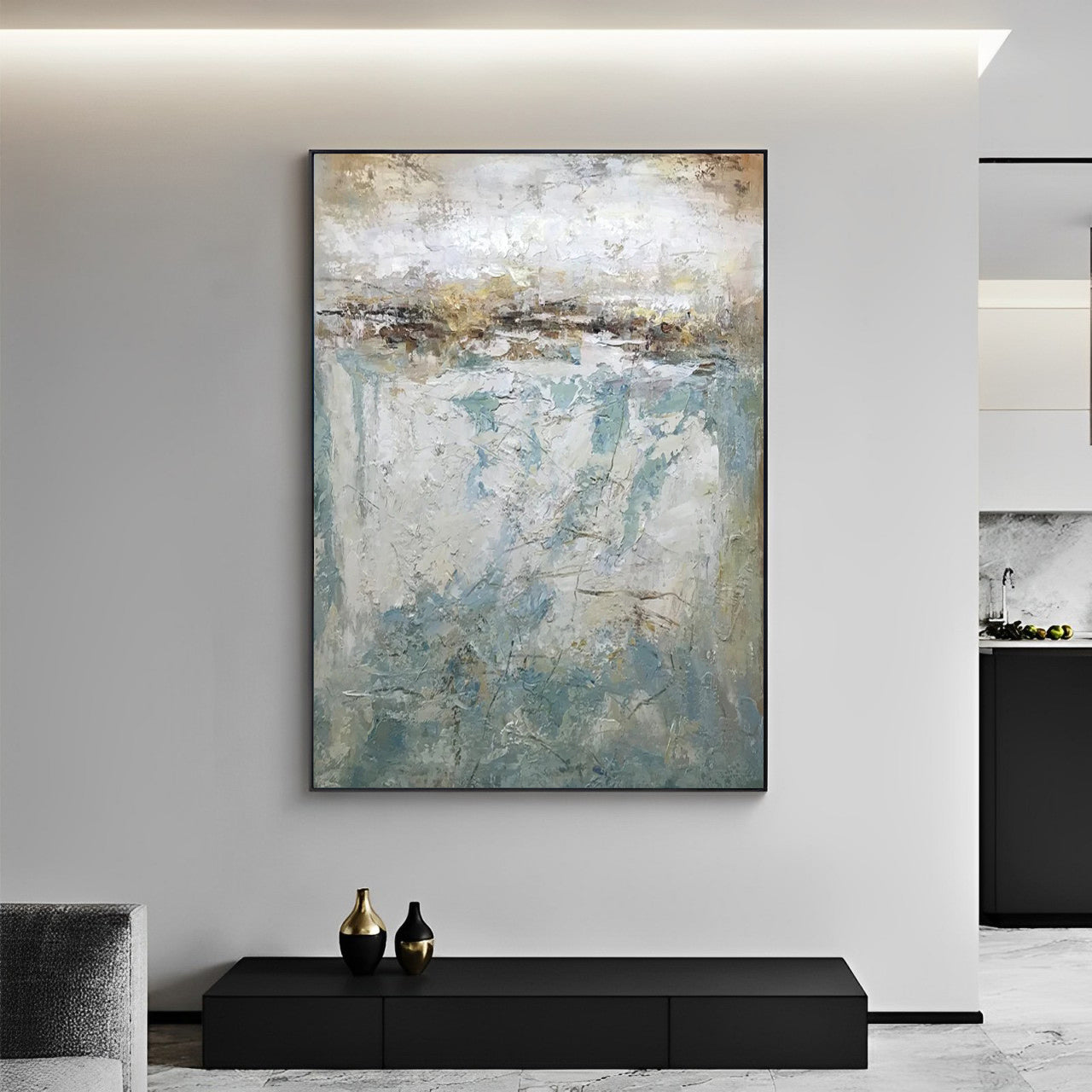 Au courant - Modern Large Abstract Blue Grey Painting on Canvas