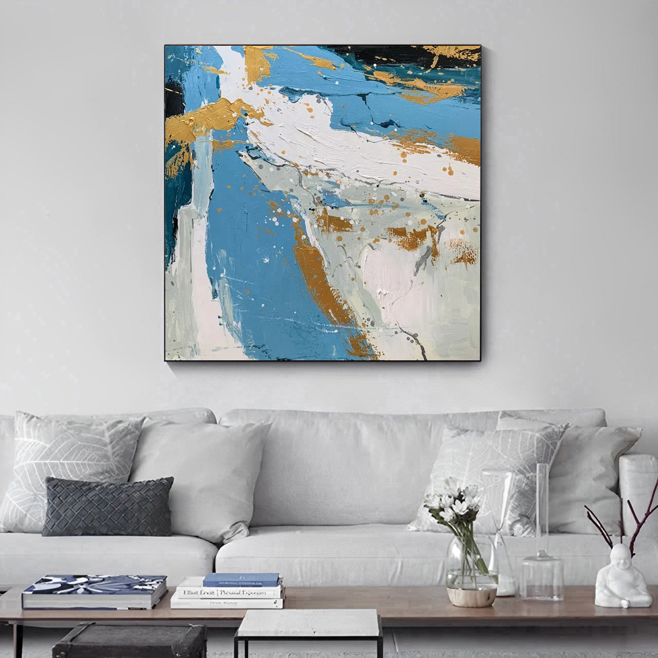 gold leaf art painting, abstract painting blue gold, Noho art Gallery