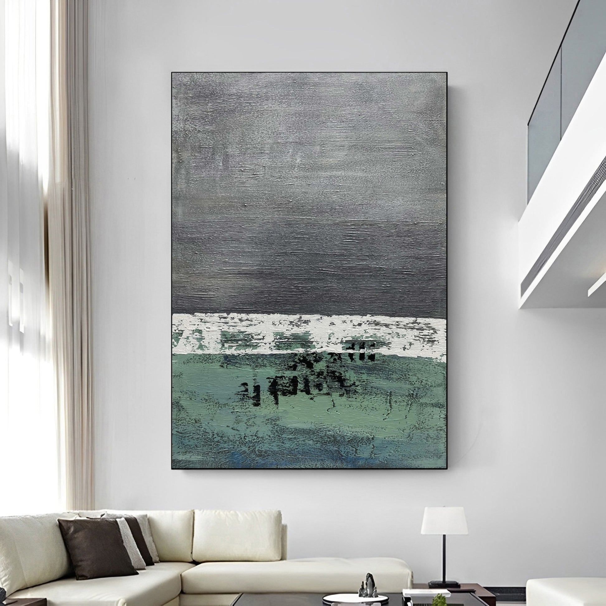 extra large grey green abstract painting above sofa, green grey painting, Noho Art Gallery