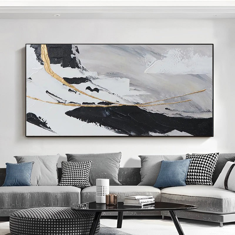 Concurrent - Extra large Black White Gold Wall Art Painting on Canvas