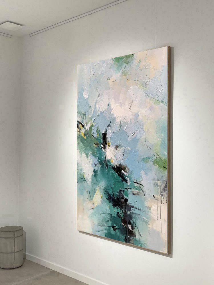 Inspire - Large White, Blue and Green Abstract Painting on Canvas