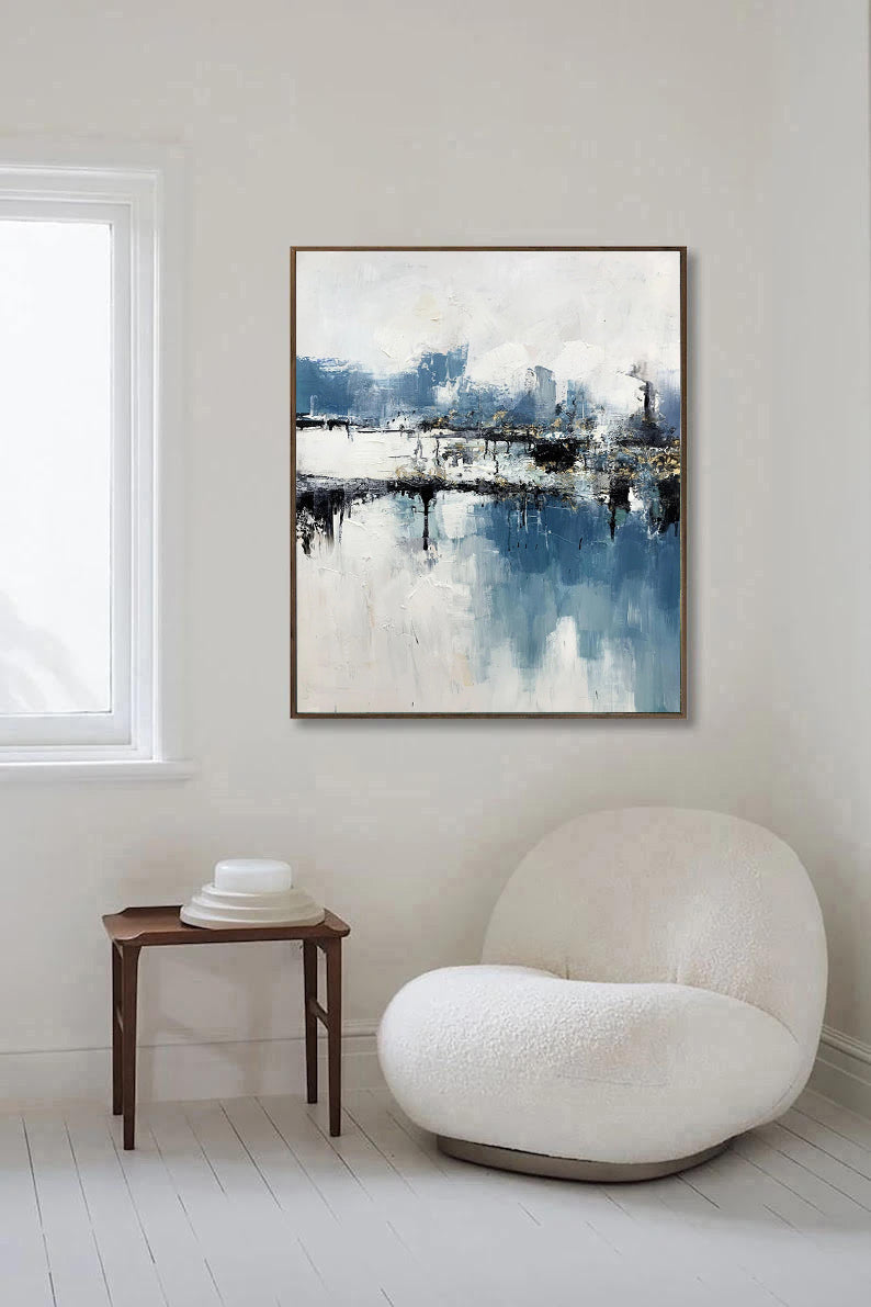 white and blue abstract painting, large abstract acrylic painting for sale, Noho Art Gallery