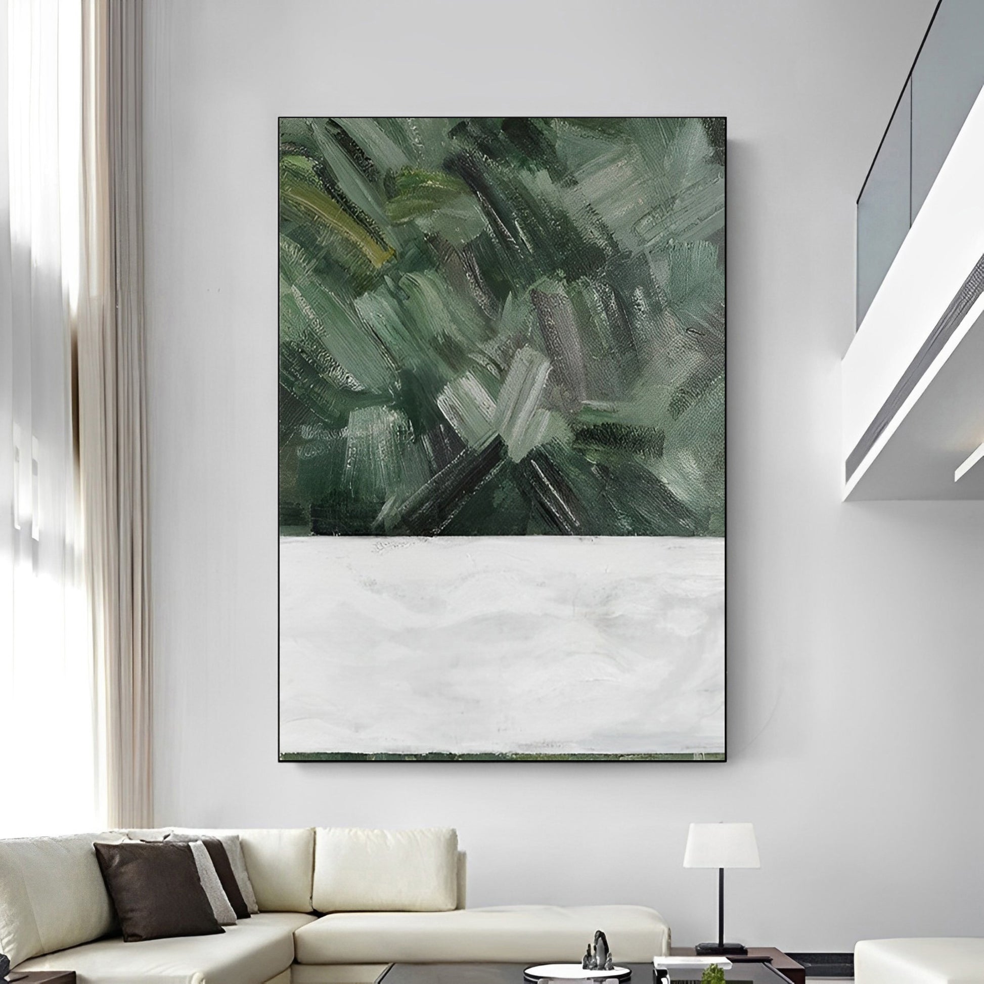 large abstract textured paintings, Green white painting, Noho Art Gallery