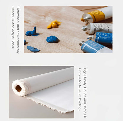 Paint tubes and a roll of canvas on a wooden surface with text about paint and canvas quality.