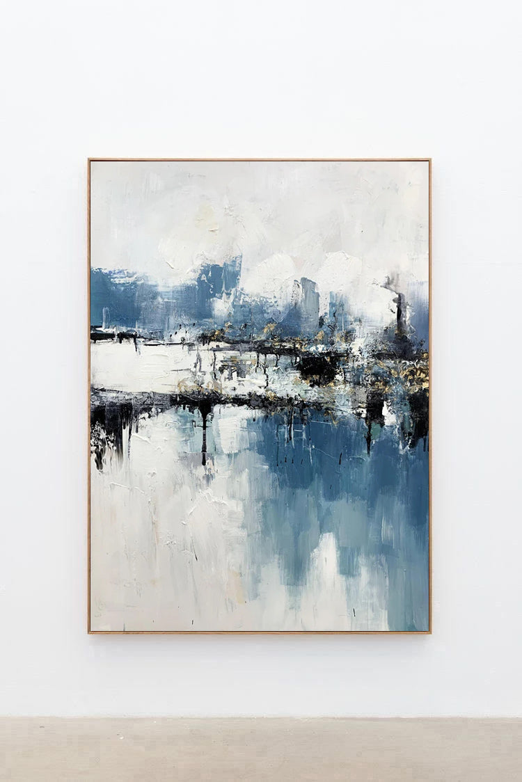 White and Blue Abstract Painting on Canvas, large black white and blue painting for sale, Noho Art Gallery