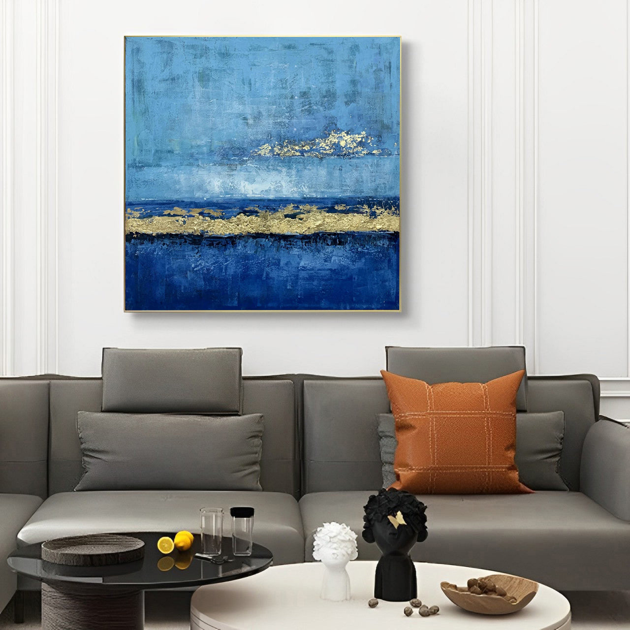 blue and gold abstract painting, large blue and gold painting for sale, Noho Art Gallery