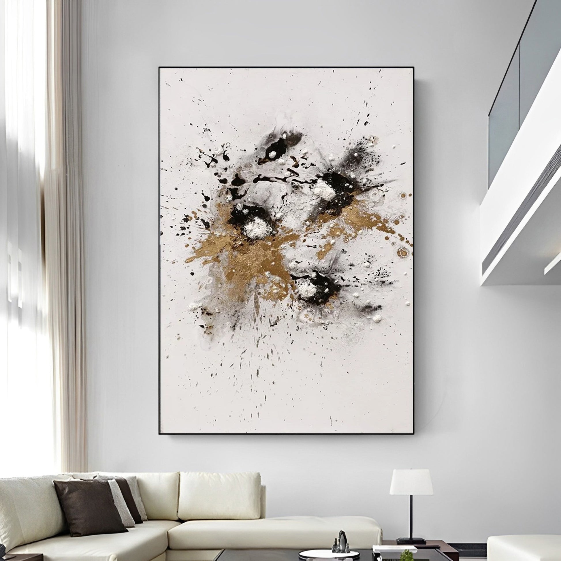 large white gold black canvas painting, abstract wall art, Noho Art Gallery