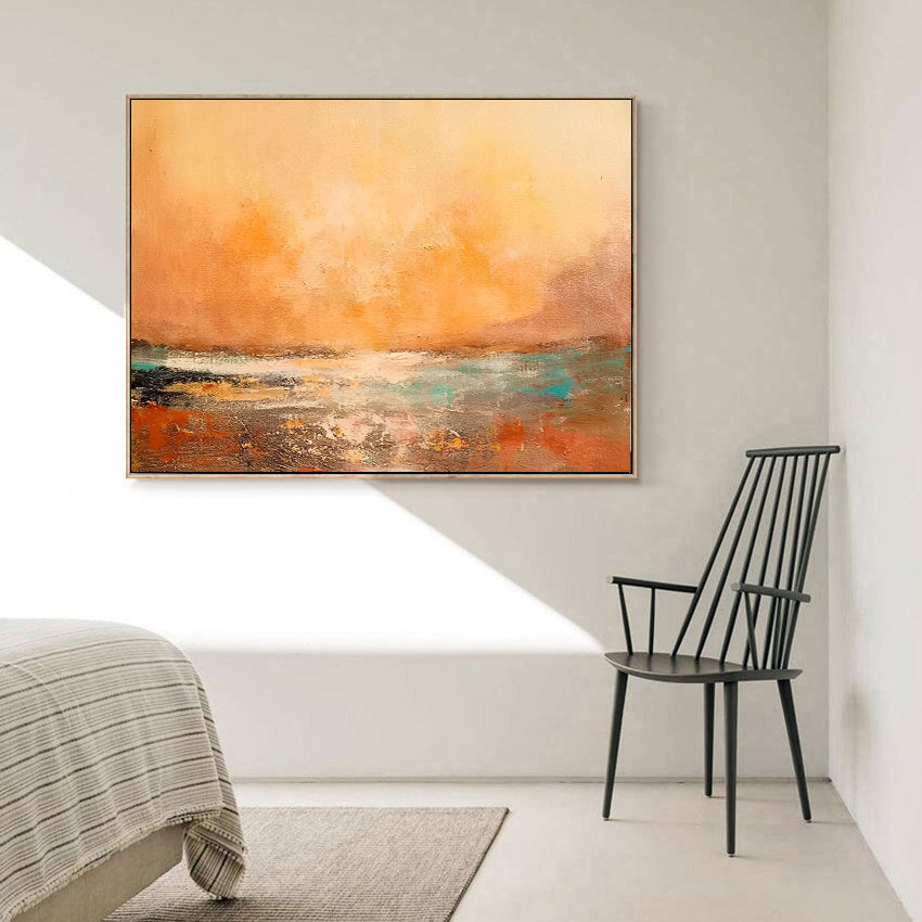 Sunny - Grand tableau sur toile représentant un coucher de soleil vert et orange