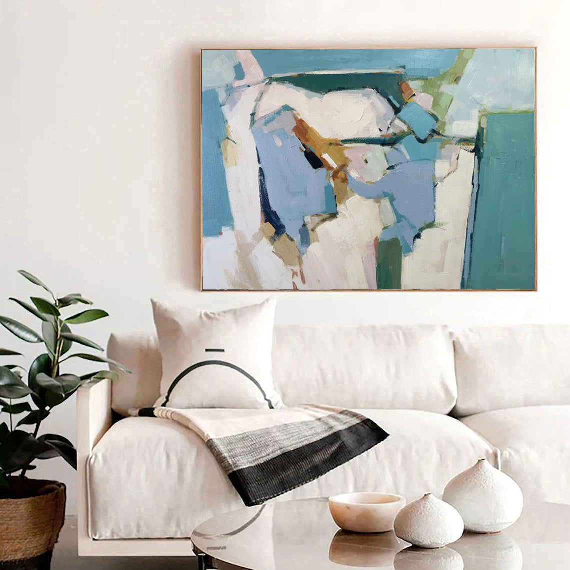 Paradise - White Blue and Green Abstract Painting on Canvas