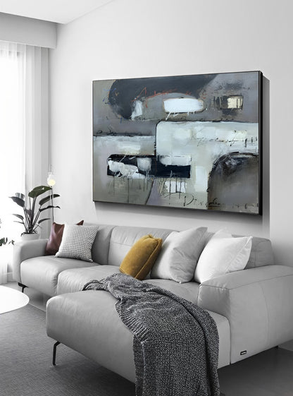 Abreast - Large Geometric Black and Grey Painting on Canvas