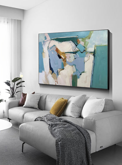 Paradise - White Blue and Green Abstract Painting on Canvas