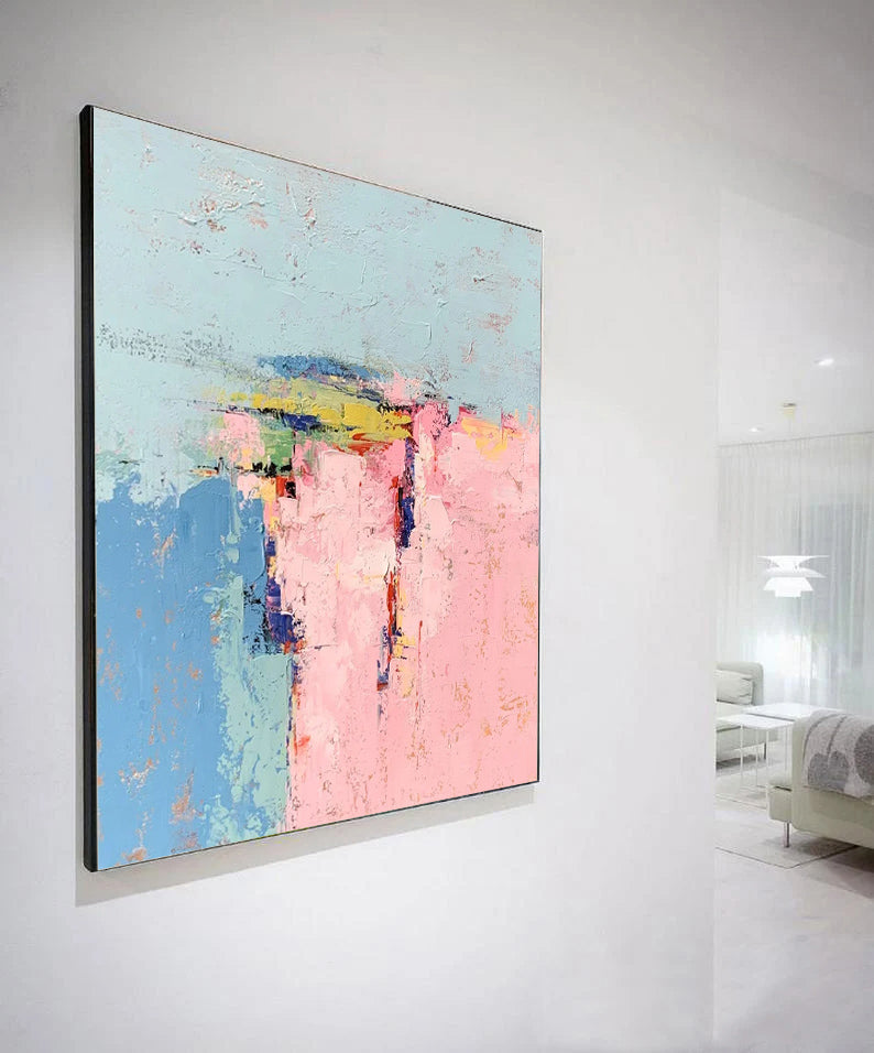 pink and blue abstract painting, bright abstract colorful paint, Noho Art Gallery