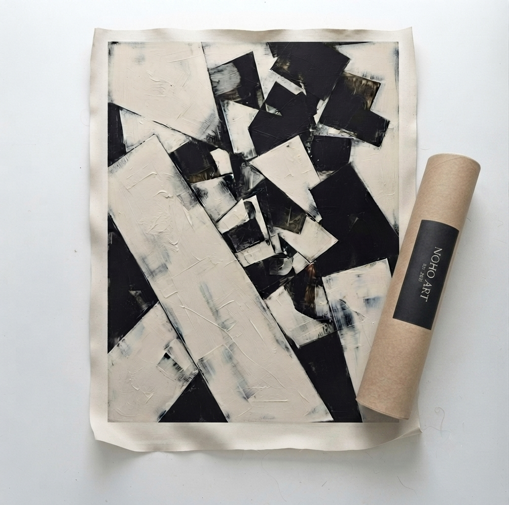 An Original hand-painted black and white abstract painting with free worldwide shipping from Noho Art Gallery. displayed flat on a white surface, next to a rolled kraft paper tube labeled 'NOHO ART'.