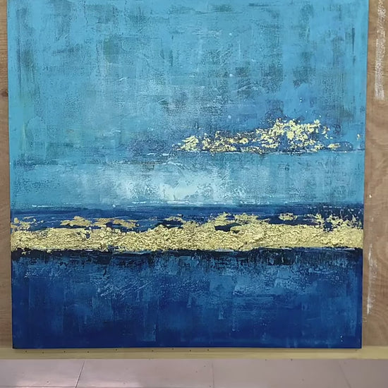 Blue and gold foil painting, blue and gold abstract painting, Noho Art Gallery